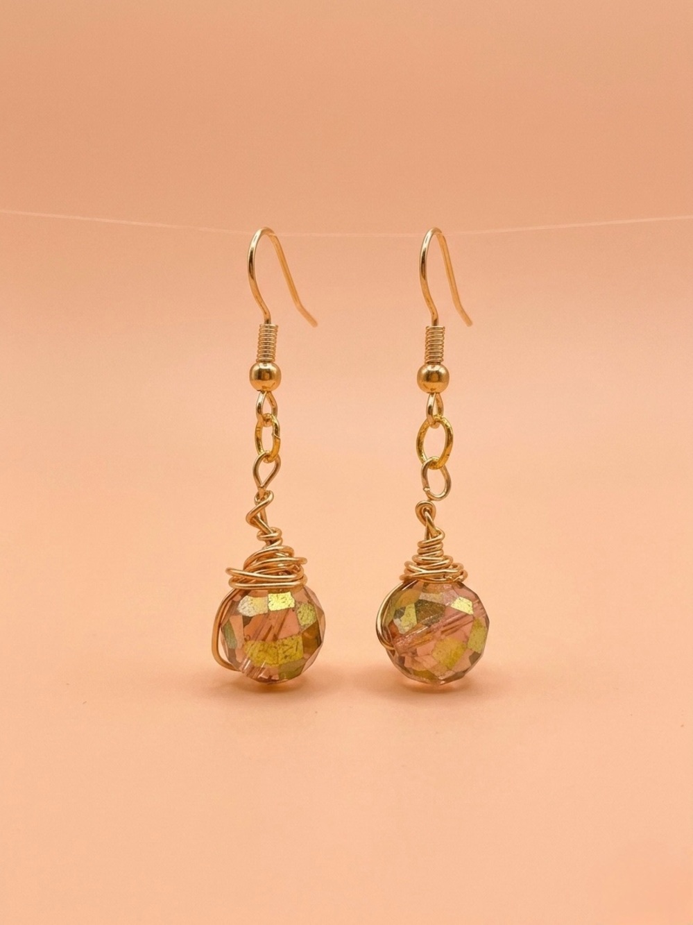 Hand Crafted Gold Wire-Wrapped Iridescent Pink-Gold Drop Earrings